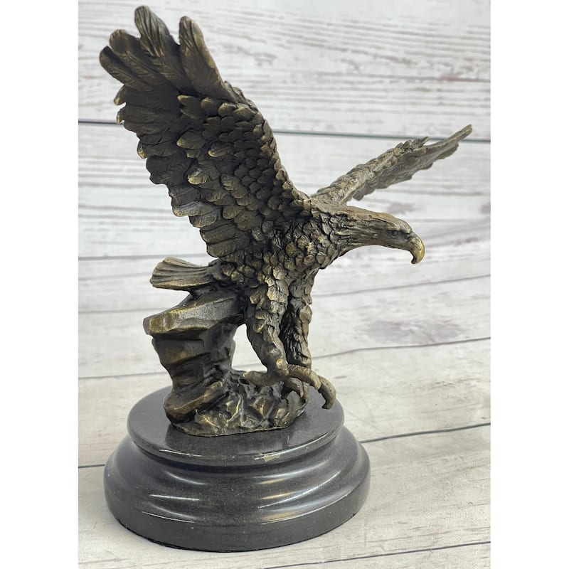 Landing Eagle W/ Wings Spread Bronze Statue Sculpture Signed Original Marble Base 7 Inches X 9 Inches