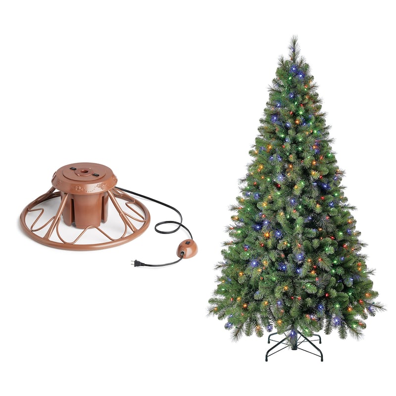 Home Heritage Rotating Tree Stand Base w/ Cascade 7 Ft Pre-Lit Holiday Tree - 27.3
