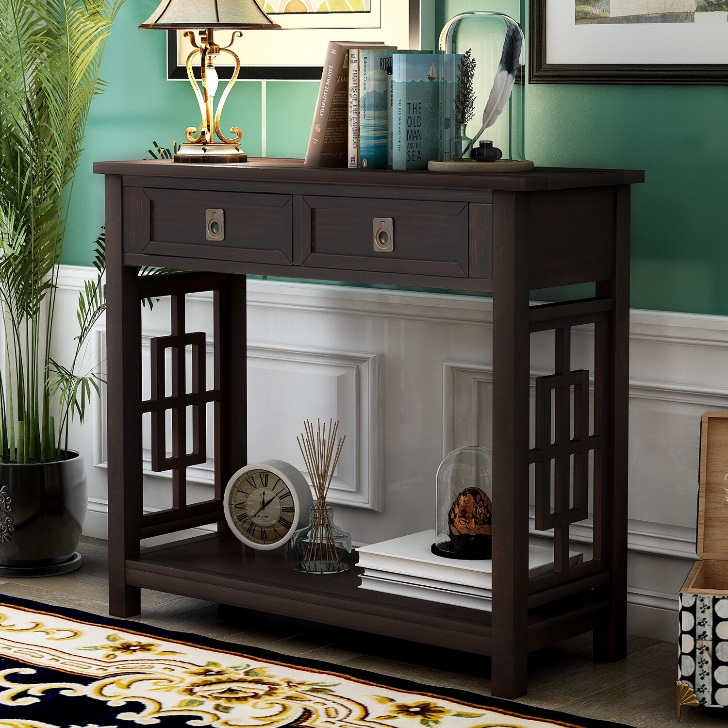 AOOLIVE Console Table with 2 DrawersandBottom Shelf, Accent Sofa Table, Espresso