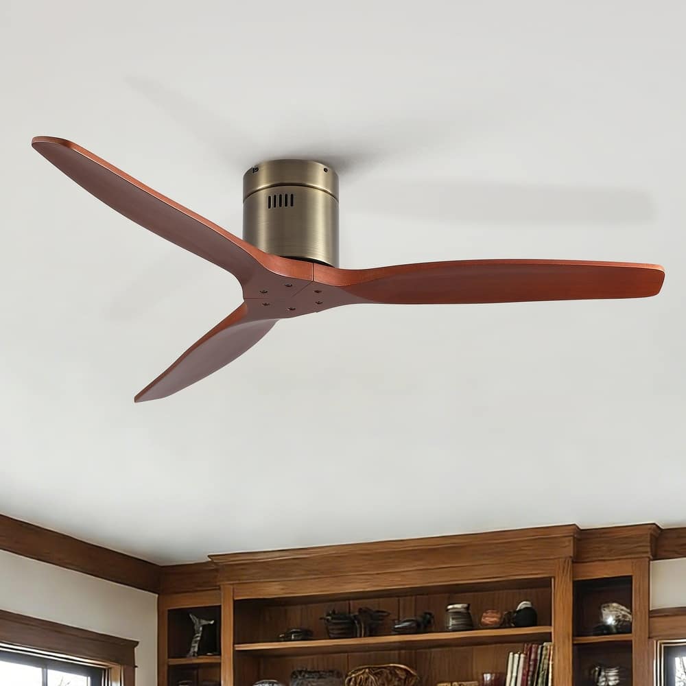 52"Mordern Rustic Elegance Solid Wood Blades Low Profile Flush Mount Ceiling Fan without Light
