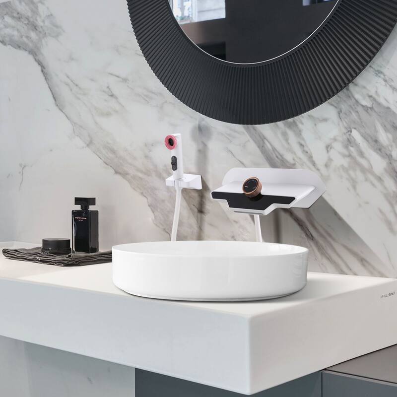 3-Way Digital Waterfall Bathroom Sink Faucet with Side Spray in Grey/White
