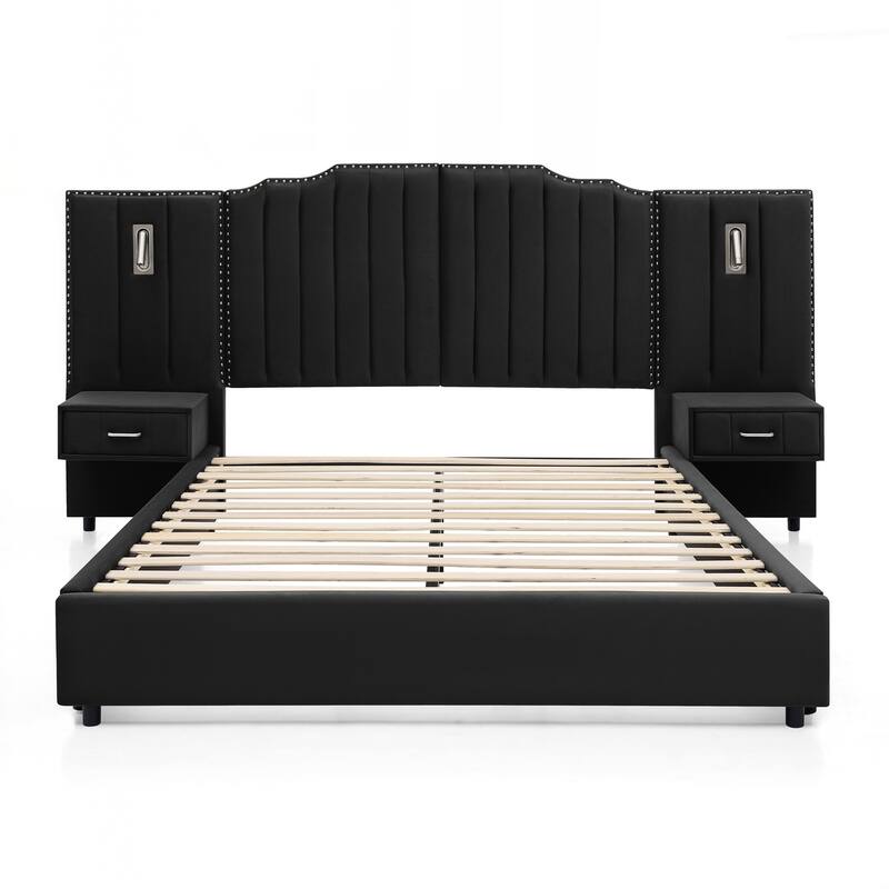 Queen Size Upholstered Bed Frame , Vertical Stripe Design with Buttons Around Platform Bed with Headboard
