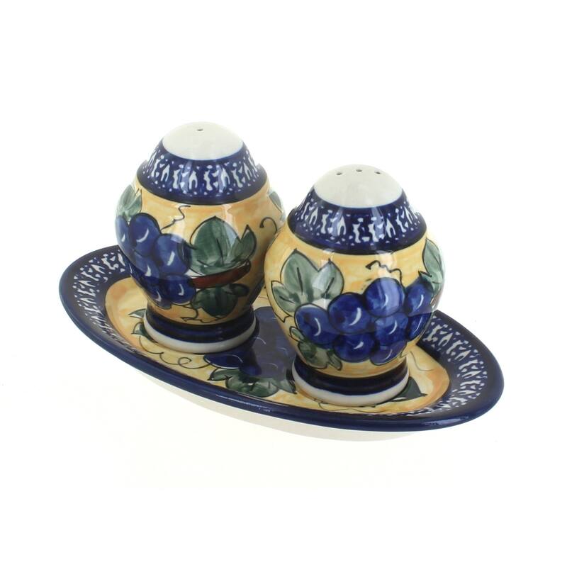 Blue Rose Polish Pottery 1282 Zaklady Salt & Pepper Shakers with Plate - Grapes