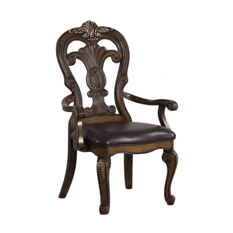Leova Armchair Set of 2, Ornate Corbels, Dark Brown Wood, Faux Leather