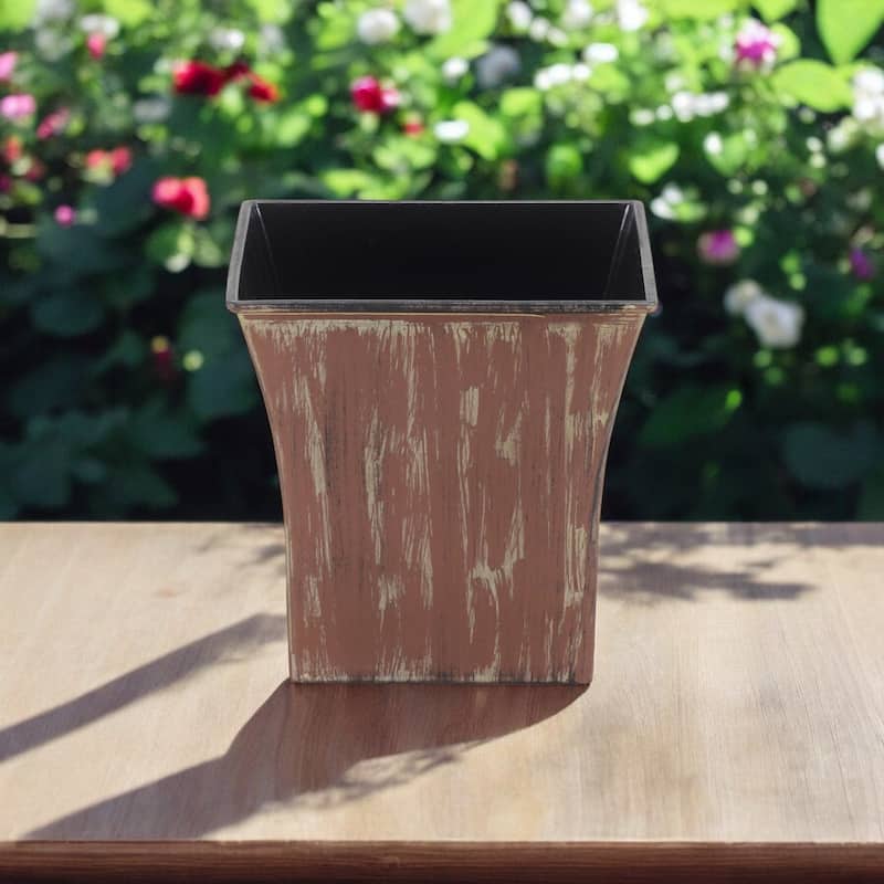 HomeRoots 7" Brown and Ivory Abstract Recycled Plastic Indoor Outdoor Square Nursery Pot - Brown and Ivory
