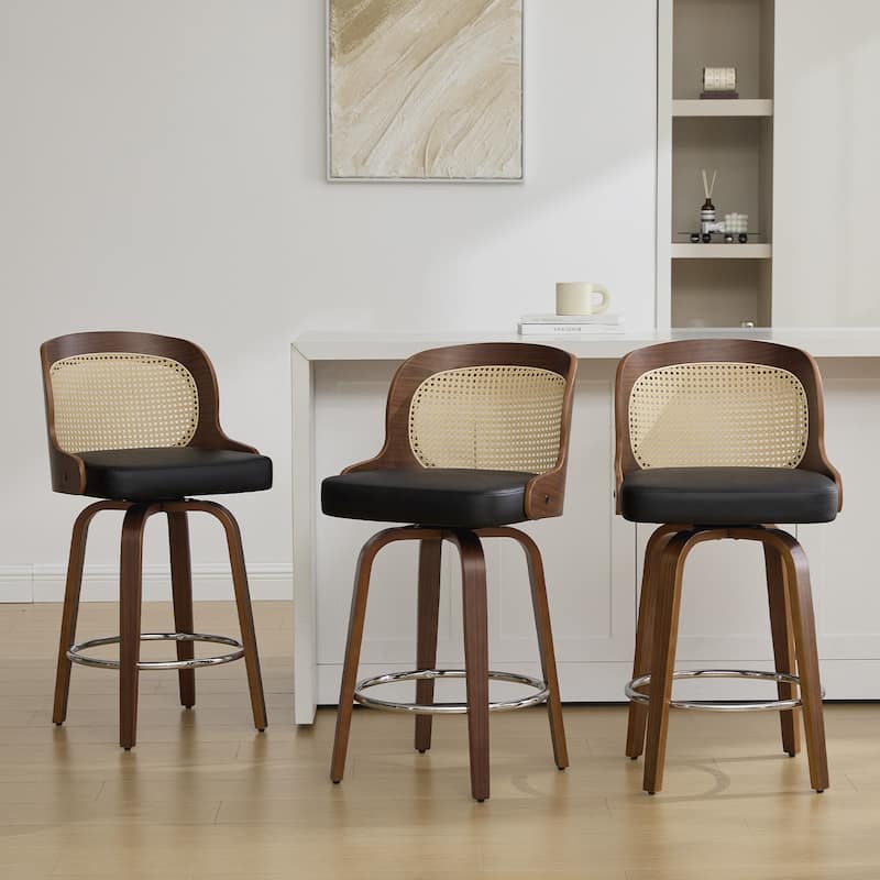 26" Upholstered Swivel Counter & Bar Stool with Rattan Back - 37.4"H x 19.09"W x 19.88"D