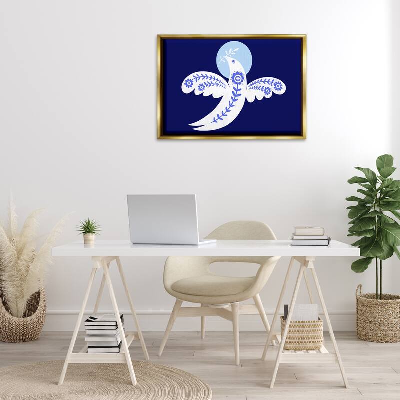 Stupell Peace Dove with Folk Florals Framed Floater Canvas Wall Art Design By Hannah Moren