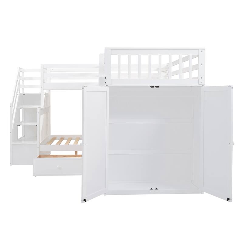 L-Shaped Bunk Bed, Twin-Twin Over Full Wood Bed with Wardrobe, Foldable Desk, Drawers and Shelves