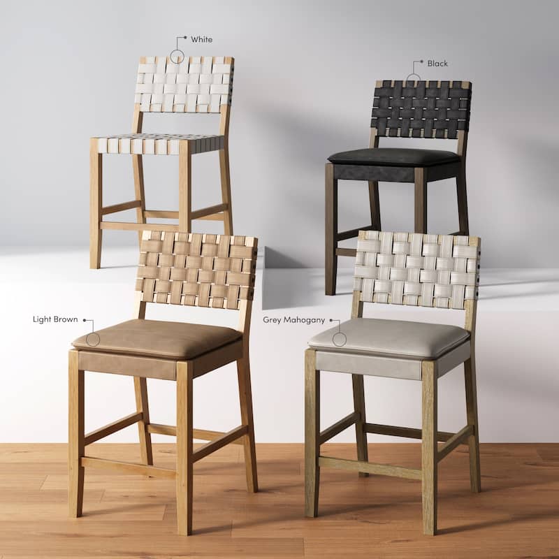 Nathan James Cohen Faux Leather Counter or Bar Height Stool, Solid Wood Frame with Footrest and Woven Leather Back