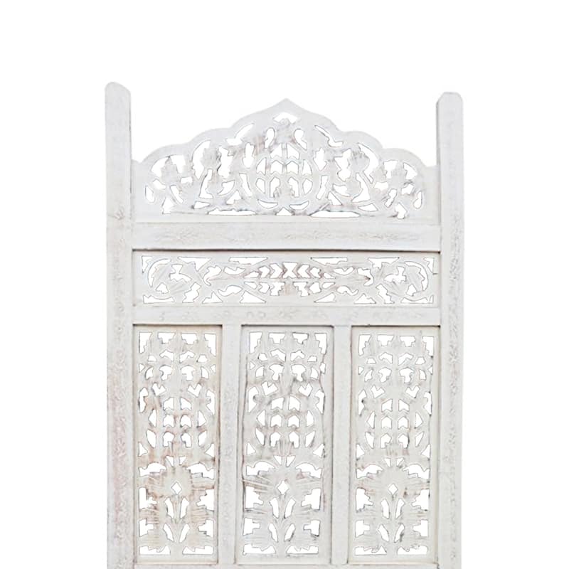 Aesthetically Carved 4 Panel Wooden Partition Screen/Room Divider, Distressed White