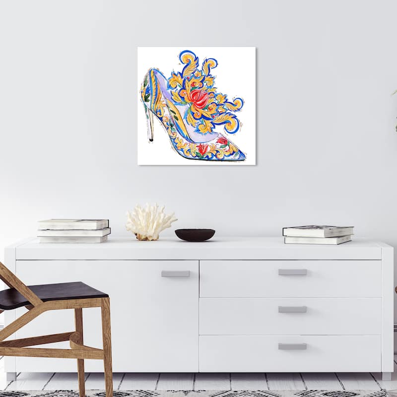 Wynwood Studio Canvas Fashion and Glam Adorned Shoe I Yellow and Dark Yellow Glam Wall Art Canvas Print - 20 x 20