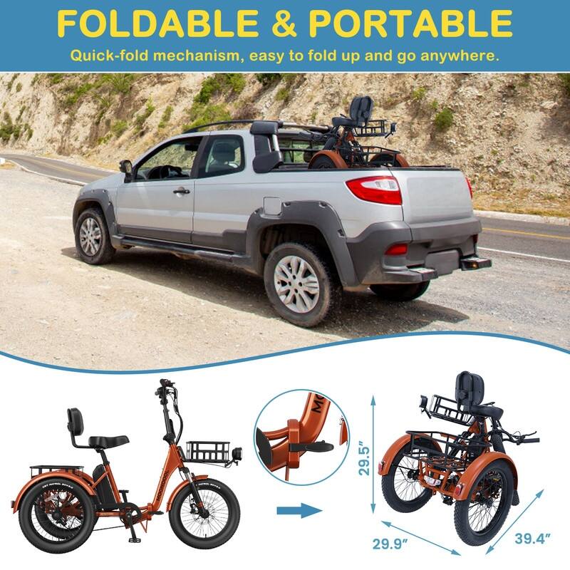 Folding Electric Tricycle for Adults, w/ Basket and Removable Battery