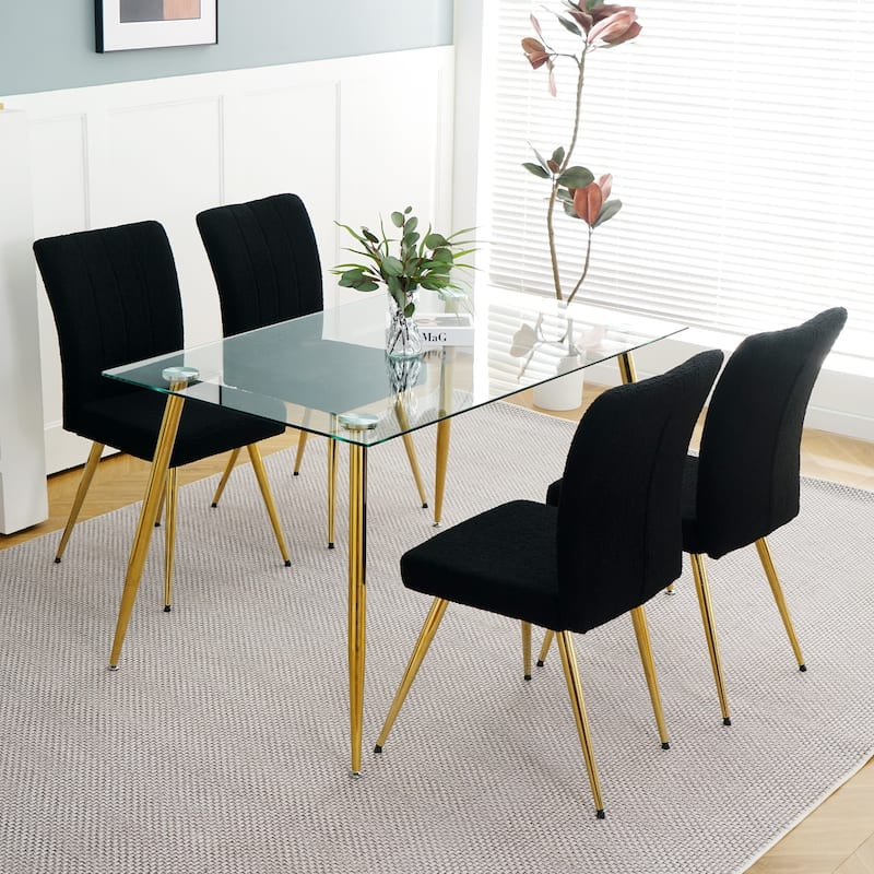 Modern Black Teddy Wool Dining Chairs Set of 4, Upholstered Chair with Fabric Accent Side Chair, Side Chair with Gold Metal Legs