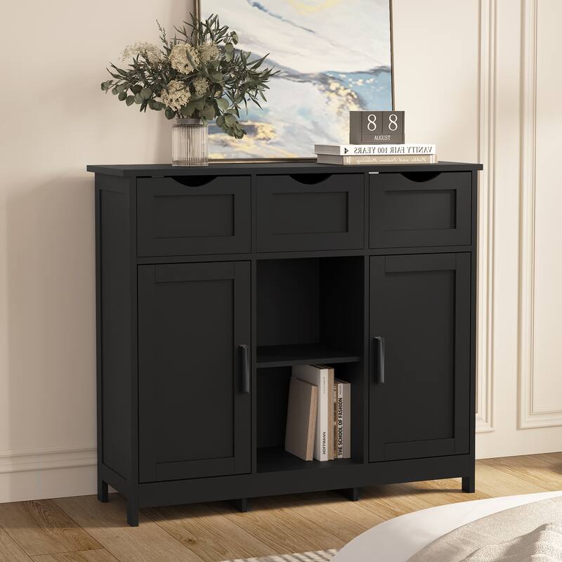 Anmytek Black 3 Drawer Storage Cabinet with Adjustable Shelf Shaker Style Entryway Console