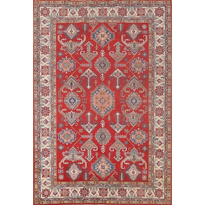 Geometric Red Kazak Rug Hand-Knotted Bedroom Wool Carpet - 6'6"x 9'2"
