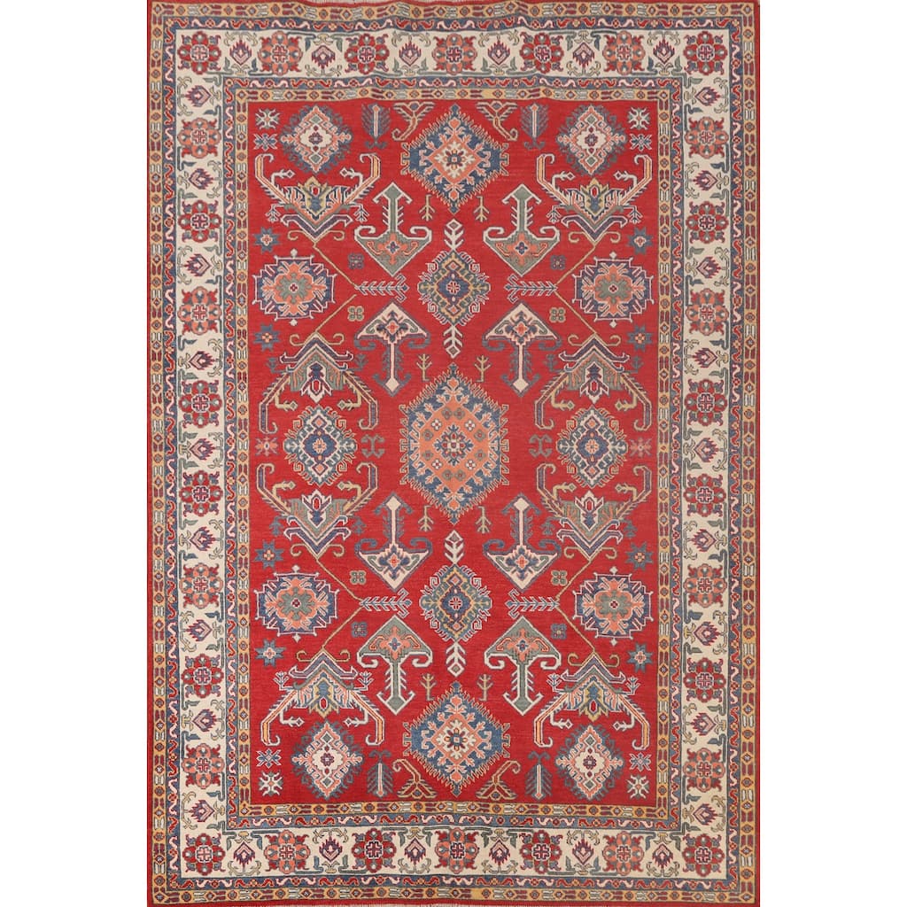 Geometric Red Kazak Rug Hand-Knotted Bedroom Wool Carpet - 6'6"x 9'2"