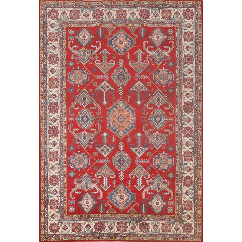 Geometric Red Kazak Rug Hand-Knotted Bedroom Wool Carpet - 6'6"x 9'2"