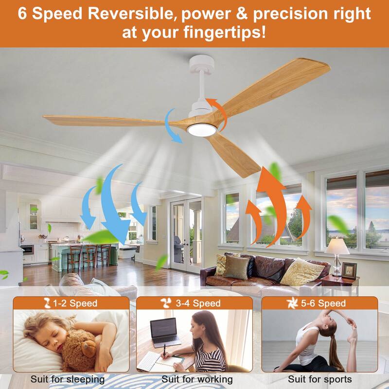 72 Inch Modern Ceiling Fan With 3 Color Dimmable 3 Solide Wood Blades Remote Control Reversible DC Motor With Led Light
