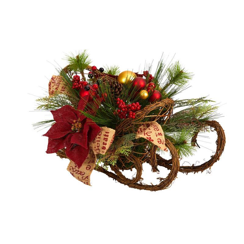 18” Sleigh with Poinsettia and Berries Christmas Artificial Floral Arrangement