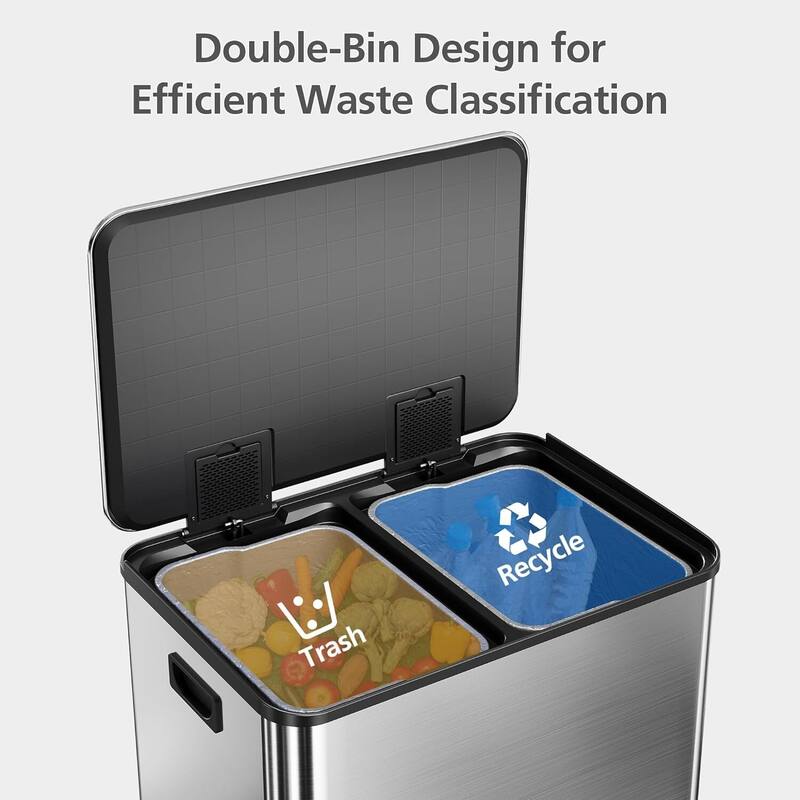16 Gal Step-on Dual Compartment Stainless Steel Trash Can with Soft-Close Lid for Home, Office & Kitchen Use