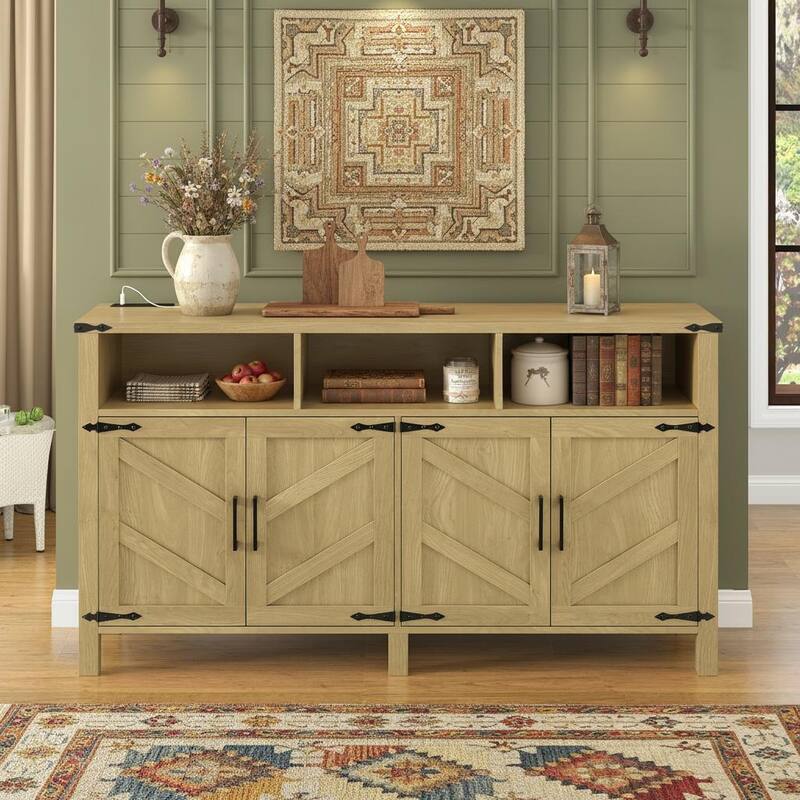 Farmhouse 4-Door Buffet Cabinet with Power Outlets, USB Ports & Adjustable Shelves by Harper&Bright Designs - Natural Wood
