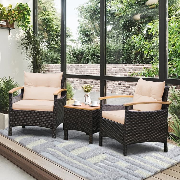 Patio Rattan Furniture Set with Removable Cushion - 3 Pieces - Single Sofa: 25" x 24" x 29"