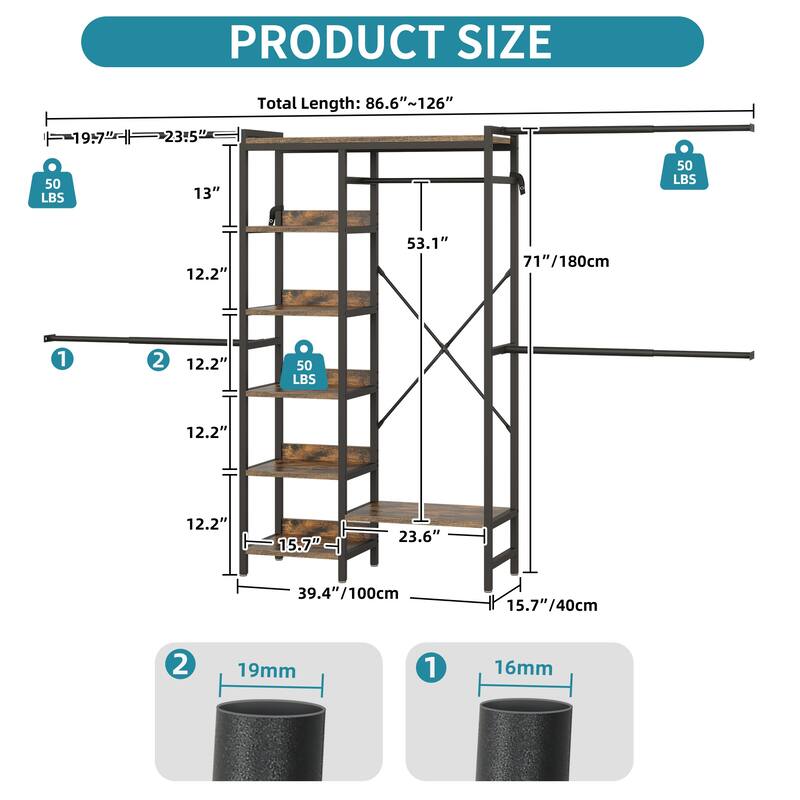 Wall-Mounted Clothing Storage Rack Multi-Functional Closet Organizer System with Adjustable Rods and Shelves