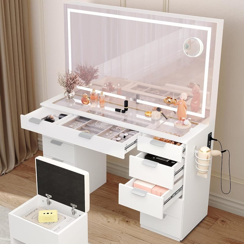 46''Makeup Vanity 11 Drawers Glass Top Vanity