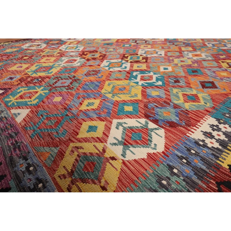 Multi-Color Geometric Kilim Area Rug Flatweave Wool Carpet - 8'5" x 9'6"