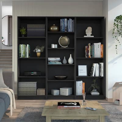FM FURNITURE Pinedale 3 Piece Living Room Set with 2 Sutton Bookcase + Sutton 4 Shelves Bookcase, Black