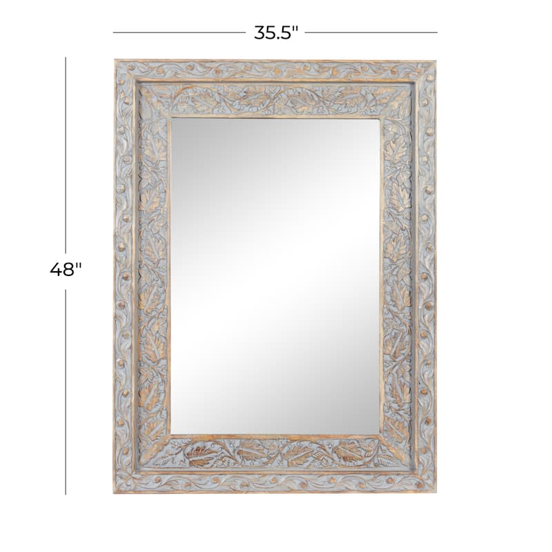 Wood Floral Handmade Intricately Carved Wall Mirror - Gray - Roche River Decor - 3"W x 36"L x 48"H