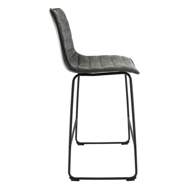 LeisureMod 29.9" Leather Bar Stool Black Iron Base & Footrest - Grey - 21"Dx19"Wx43"H