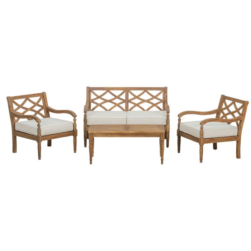 Roomfitters 4 Piece Outdoor Sofa Set Acacia Wood Deep Seating Patio Furniture, Natural Beige