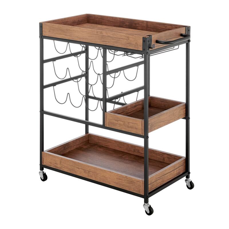 Rustic Walnut Veneer and Metal Rolling Farmhouse Wine Bar Cart with Wine Bottle and Glass Rack