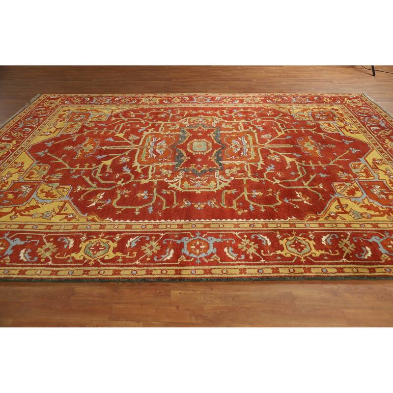 Red Medallion Heriz Serapi Indian Area Rug Hand-Knotted Wool Carpet - 8'8" x 11'9"