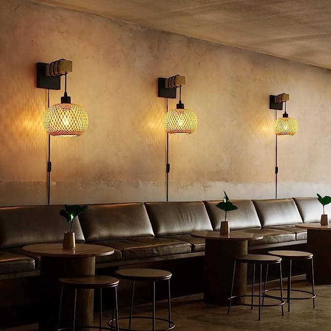 Bamboo Rattan Lantern Lampshade Wood Beam Wall Mounting Hanging Lamp,Industrial Modern Wire Plug in Wall Sconce for Bedroom