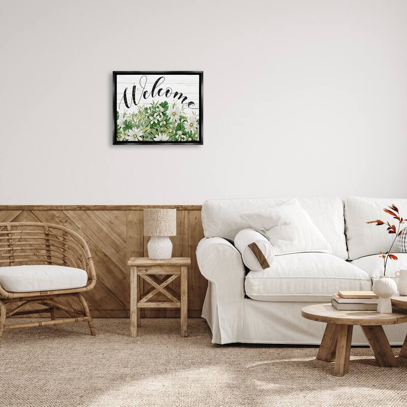 Stupell Welcome Rustic Planked Sign White Flower Blossoms Floater Frame, Design by Cindy Jacobs