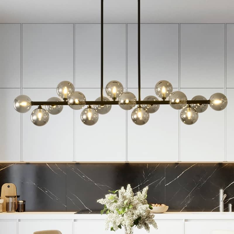 Bubble Sputnik Chandelier Modern Linear Chandelier with Globe Glass Shades - 55 in - Black+Smoke Grey