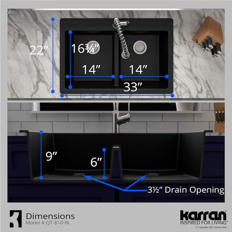 Karran 33" Top Mount Double Bowl 50/50 Quartz Kitchen Sink in Black with Faucet in Gunmetal Grey
