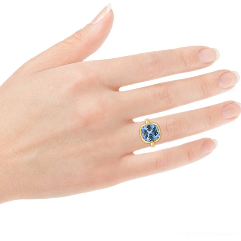 Cushion Blue Topaz Alexa Bezel Ring Yellow Gold