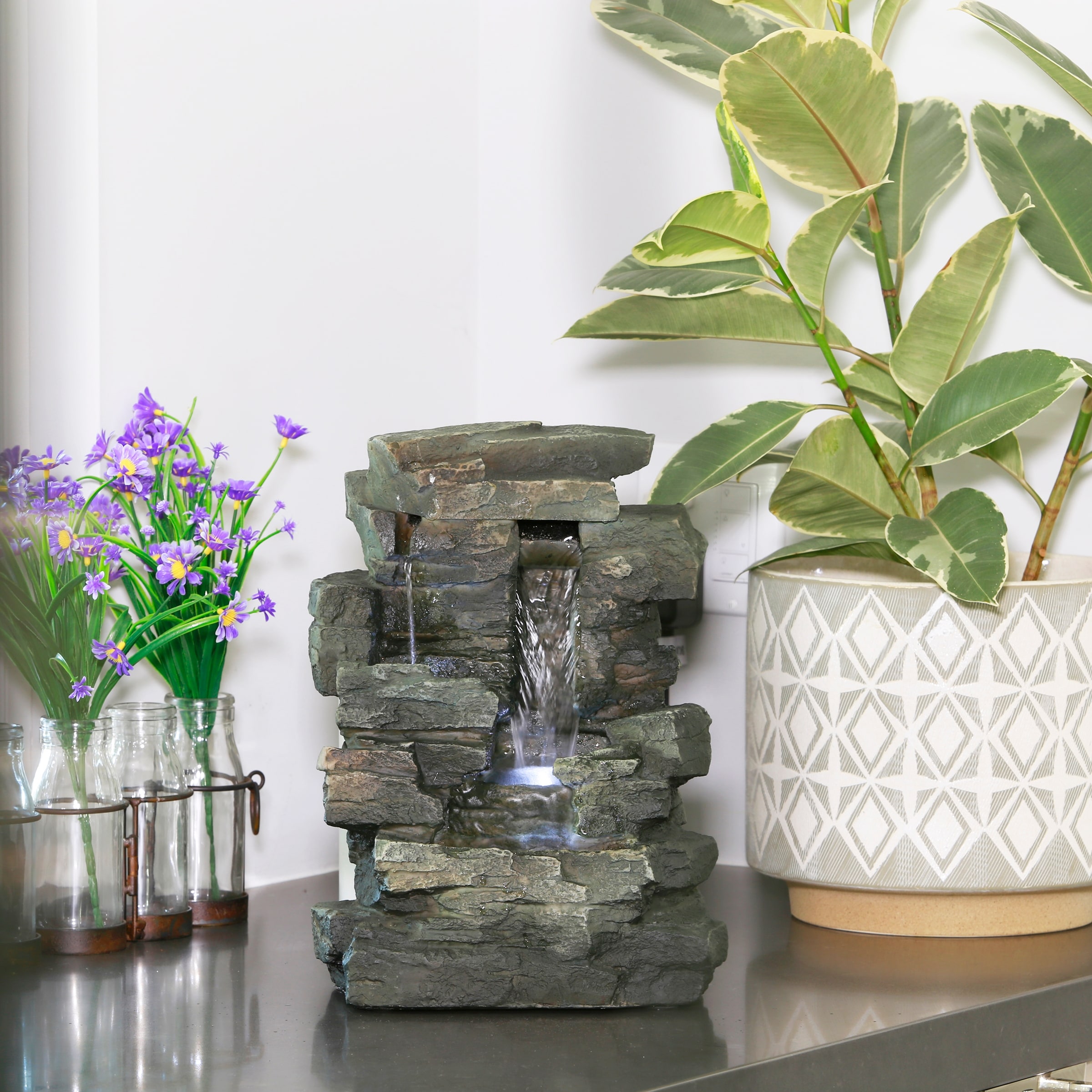 Alpine Corporation 13" Tall Indoor Tabletop Water Fountain, 4 Tier Cascading Water Feature with LED Lights or Zen Decor, Gray