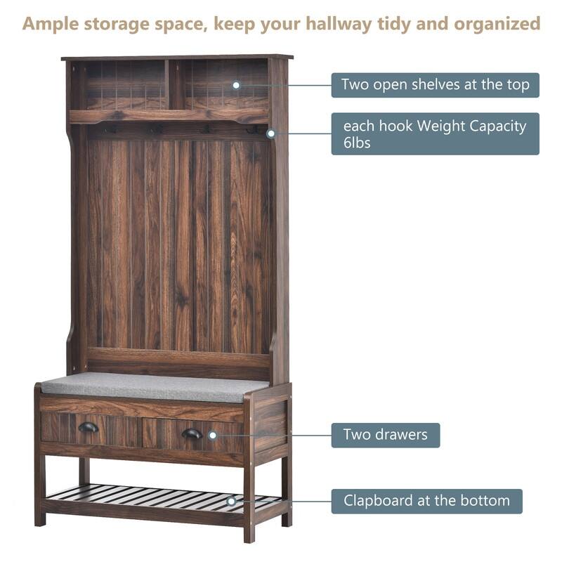 3-in-1 Design Hall Tree with 4 Hooks,Hinged Lid,Coat Hanger and Storage Bench