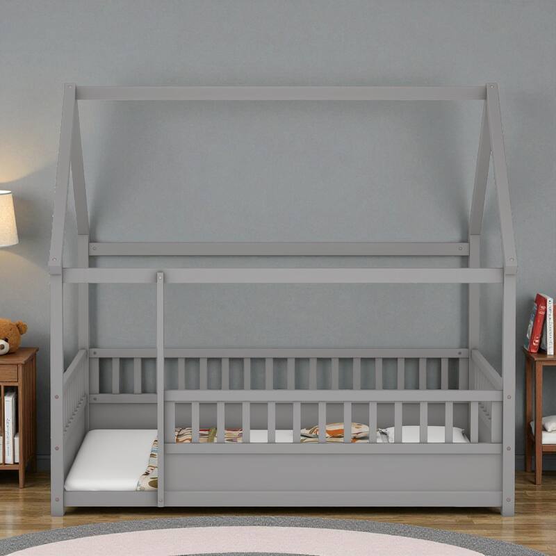 Twin/Full Wooden House Frame Floor Bed with Fence Guardrails, Montessori Style Kids Bed, Pine Wood Low Profile Design - Grey - Full