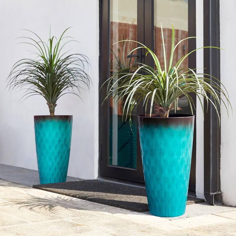 Glitzhome 23.75"H Set of 2 Oversized Wavy Texture Cobalt Blue/Turquoise/Red Tall Plastic Planter - Turquoise