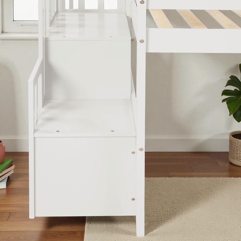 Twin Size Wooden Loft Bed with Staircase and Storage Steps, Solid Pine Frame with Guardrails