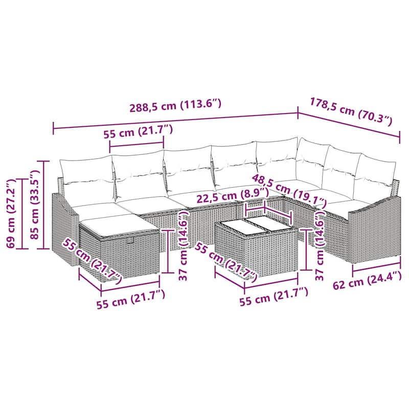 vidaXL 8/9 Garden Sofa Set with Cushions Black/Brown/Grey Poly Rattan - 113.6 x 70.3 x 27.2