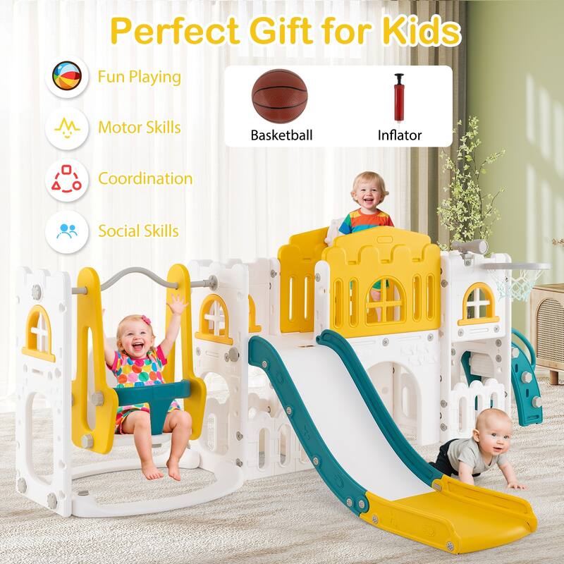 Gymax 10 in 1 Toddler Swing & Slide Set w/Basketball Hoop Telescope
