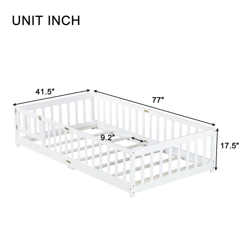 Roomfitters Twin/Full/Queen Rubber Wood Floor Bed with Fence and Swing Door, Safety Guardrails, Low Profile Design