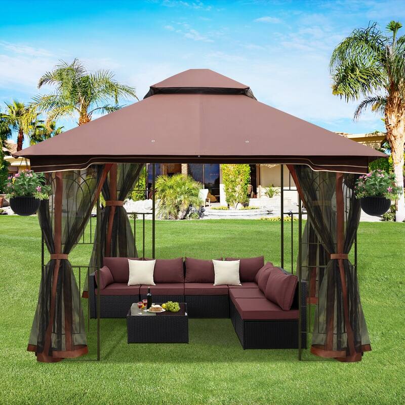 AVAWING 10x10 Outdoor Gazebo Double Soft-Top Canopy Tent - Brown