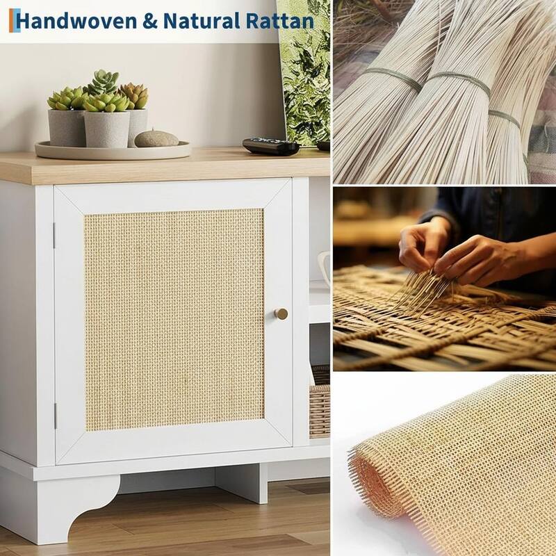 Boho TV Stand, with 2 Cabinets & Open Shelf